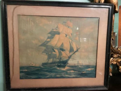 Vintage Gordon Grant "Old Ironside" lithograph framed print